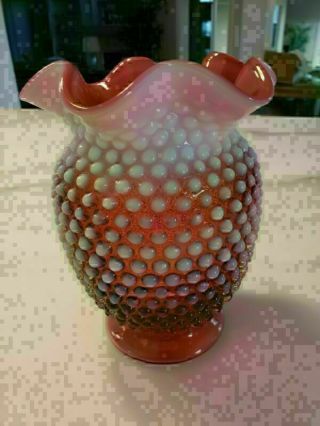 Vintage Fenton Art Glass Cranberry Opalescent Hobnail Vase 7 1/2 " Fluted Ruffled
