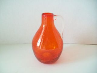 Orange Hand Blown Studio Art Glass Crackle Pitcher W/clear Applied Handle 5 1/2 "