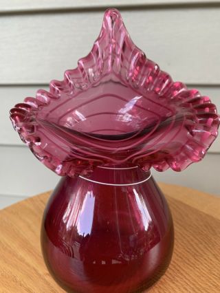 Vintage Fenton Jack In The Pulpit Cranberry Glass Vase White Ribbon Collar