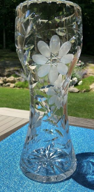 Antique Abp American Brilliant Hand Cut And Etched Glass 12 " Tall Corset Vase