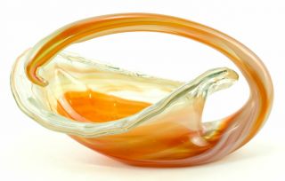 Art Glass Cornucopia Basket Murano Italy Style Orange & Opaque Swirl Hand Blown