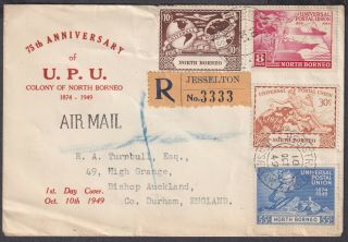 1949 North Borneo Upu Display Fdc; Jesselton Via Singapore To Bishop Auckland