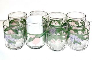 Set Of 8 Libbey Juice Glasses Tulip Violets Cherries / Fruit Floral