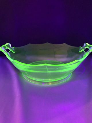 Green Uranium Depression Glass Decagon 8 1/2” Serving Bowl With Open Handles