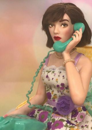 Alison,  The Phone Call - Ooak Sculpture In Polymer Clay By Angie Sanz