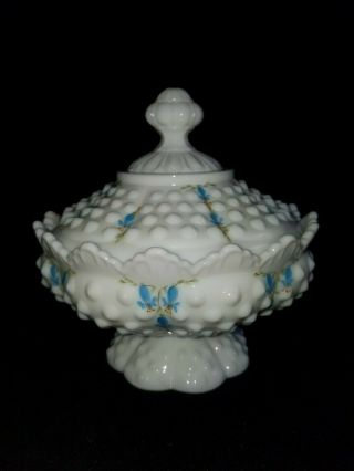 Vintage Fenton White Milk Glass Hobnail Hand Painted Candy Dish With Lid Perfect
