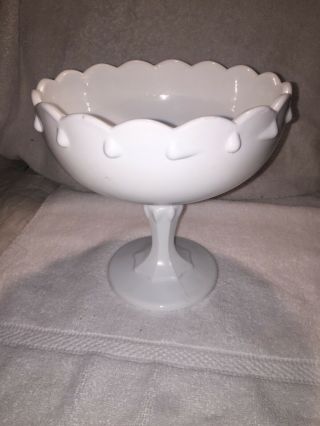 Large 8 " Scalloped Edge Tear Drop White Milk Glass Pedestal Fruit Bowl