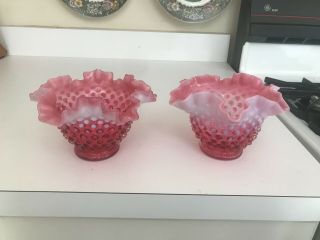 Set 2 Vintage 6 1/2 " Fenton Glass Cranberry Opalescent Hobnail Bowls Vases