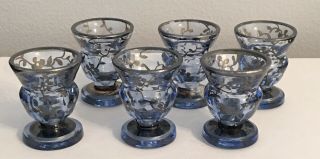 6 - Vintage Blue Cordial Wine Liquor Stem Glass Silver Overlay,  Unsigned