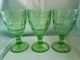 3 Vintage Green Depression Vaseline Glass Block Optic Goblets Colonial 6 " Tall.