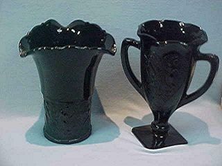 2 Vintage Art Deco Black Amethyst Glass Vases L.  E.  Smith 1930 