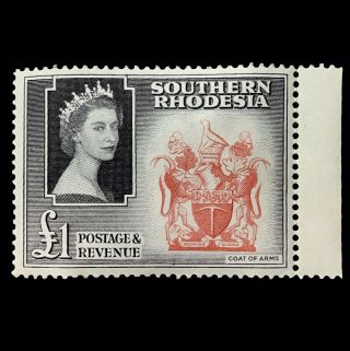 Southern Rhodesia 1953 Qeii £1 Pound Coat Of Arms Rose/black Mnh Postage Stamp