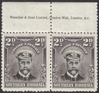 Southern Rhodesia 1924 Kgv Admiral 2d Black,  Purple - Grey Imprint Pair Sg4