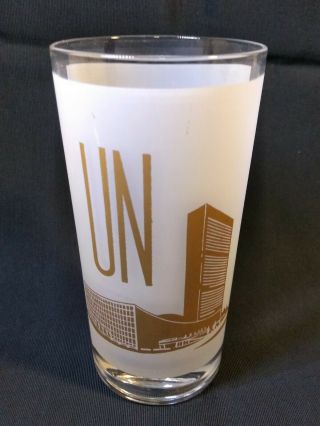 Vintage United Nations Glass Tumbler Frosted & Gold Design Un Logo & Ny Building