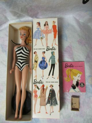 Vintage Stock No 850 Blond Box,  4 Ponytail Barbie,  Round Stand,  Booklet