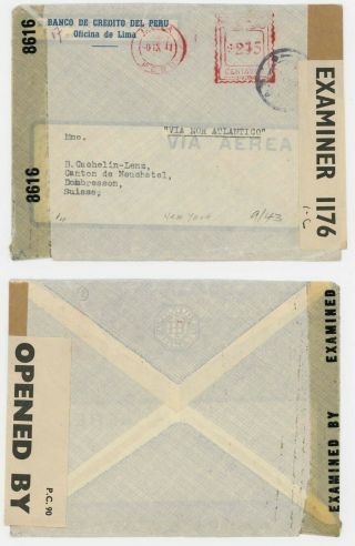 Peru To Switzerland 1941,  Bermuda Censor Label Examiner 1176