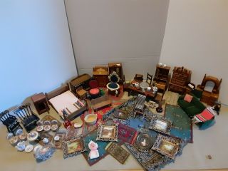 Huge Vtg Miniature Wood Doll House Victorian Mahogany Furnitures,  Accessories