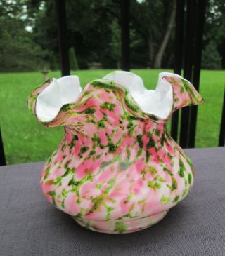 Vintage Fenton Vasa Murrhina Aventurine Green & Pink Rose Bowl Vase 4 " Tall