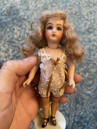 Wow 5.  25” Antique Or Artist Made All Bisque French Mignonette Doll Glass Eyes