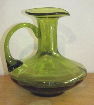 Vintage Mod Mid - Century Avocado Green Glass Pitcher Carafe Groovy