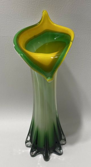Vintage Art Glass Jack In The Pulpit Calla Lilly Vase 12 " Yellow And Green