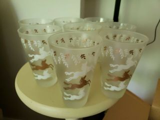 8 Vtg Libbey Calvacade 5 - 1/2 " Glasses Frosted White & Gold Horses