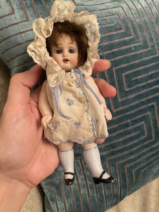 Rare Large Antique 6.  5” All Bisque German Doll Nicely Dressed In Blue 2