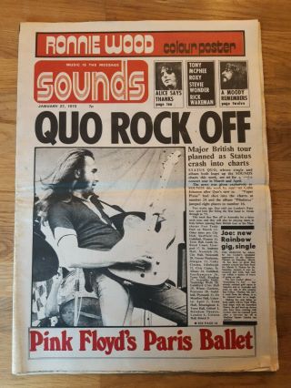 Sounds Music Newspaper January 27th 1973 Status Quo And Ronnie Wood Poster