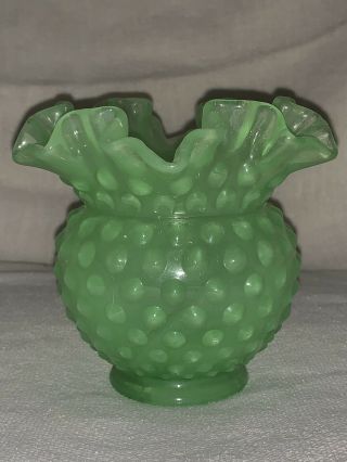 Vintage Fenton Ruffled Top Hobnail Ball Vase 4.  5” Green Uranium Glass