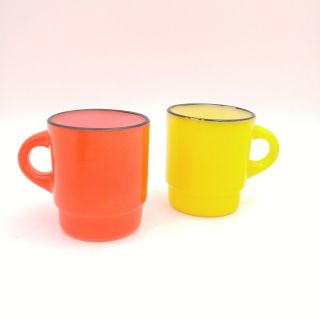 Anchor Hocking Milk Glass Coffee Mugs - Red And Yellow With Black Rim C Handle