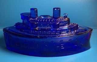 Vintage Blue Cobalt Glass Trinket Butter Dish Boat Battleship Remember The Maine