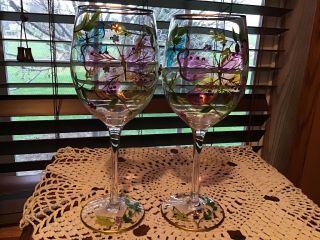 2 Very Hard To Find Pier 1 Jeweled 19 Oz Hand Painted Butterfly Goblets Glasses