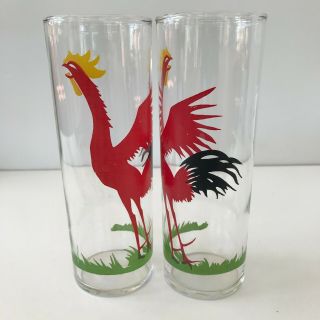 Set Of 2 Vintage Federal Red Crowing Rooster Ice Tea Drinking Glasses