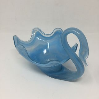 Vintage Baby Powder Blue Swirl Swan Art Glass Small Bowl Hand Blown 8”x5”x5” Ret
