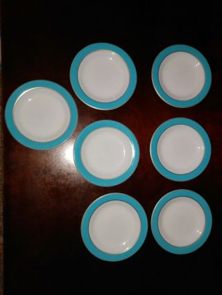 Set Of (7) Vintage Pyrex White & Turquoise With Gold Trim Salad Plates