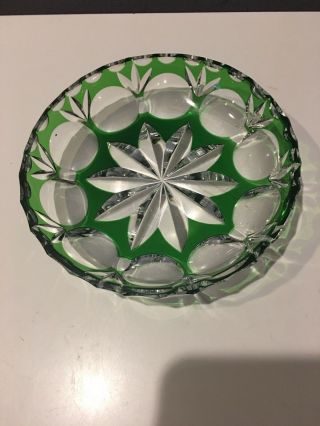 Vintage Nactmann Bleikristall Emerald Green Cut to Clear Crystal Candy Dish 5.  5 
