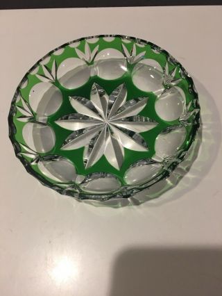 Vintage Nactmann Bleikristall Emerald Green Cut to Clear Crystal Candy Dish 5.  5 