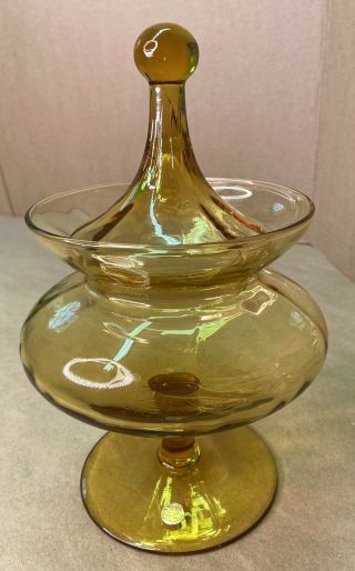Vintage Amber Glass Pedestal Candy Dish Lid Gold Apothecary Jar Depression ?