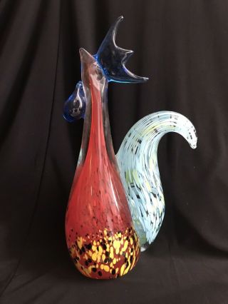 Colorful Vintage Murano Art Glass Rooster Figurine - Approximately 10” Tall Euc