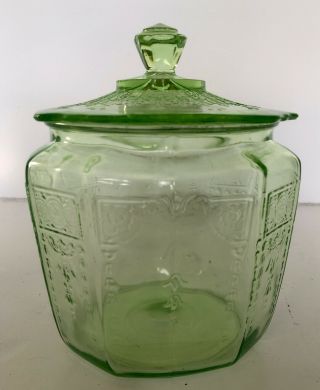 Anchor Hocking Princess Vaseline Green Depression Glass Cookie Jar With Lid