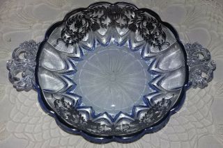 Vtg Cambridge Blue Glass Tab Handled Scalloped Edge Candy Dish W/silver Overlay