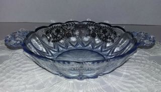 VTG Cambridge BLUE Glass Tab Handled Scalloped Edge Candy Dish w/Silver Overlay 2
