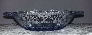 VTG Cambridge BLUE Glass Tab Handled Scalloped Edge Candy Dish w/Silver Overlay 3