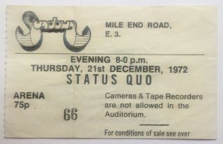 Status Quo Concert Ticket Sundown Mile End London 21st Dec 1972