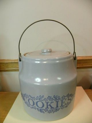 Monmouth Gray Stoneware Light Blue Lettering Crock Style Bucket Cookie Jar