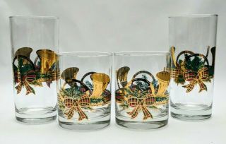 Culver Yule Horn Christmas Glasses Old Fashioned Rocks 22K Gold Tumblers Vintage 3