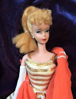 Vntg Barbie 4 Blonde Tm Ponytail Doll W/holiday Dance Dress Gloves,  Lovely
