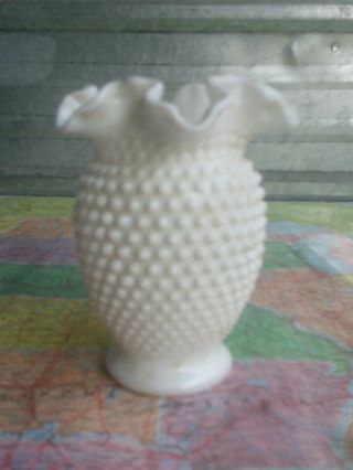 Vintage Fenton White Milk Glass Hobnail 6 " Ruffled Vase Short Flower Textured