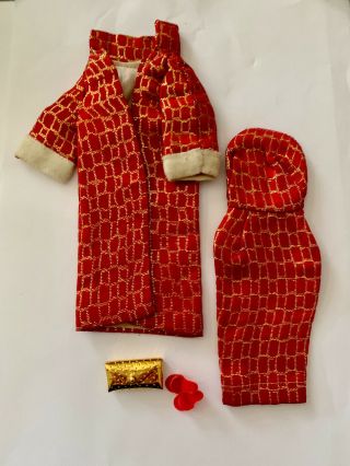 1960’s Vintage Barbie Clone Red And Gold Brocade Dress And Coat Set