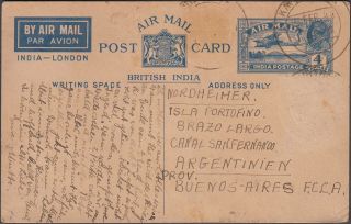 India Kg V 4 As Airmail Card To Argentina Rare Dest.  Mail